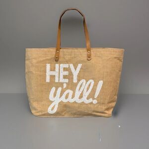 Mud Pie “Hey Y’all” Jute Tote Beach Bag Burlap ~Tan ~ 21”X14”